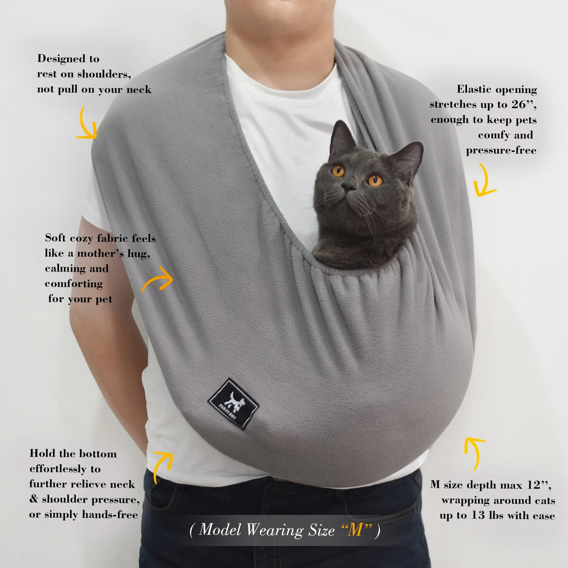 PAWPUBBY Cuddler Cat Sling Carrier - Soft Fleece Fabric, Comfortable for Pets up to 18 lbs, Ideal for Home Use with Harnesses and Collars, Breathable Design