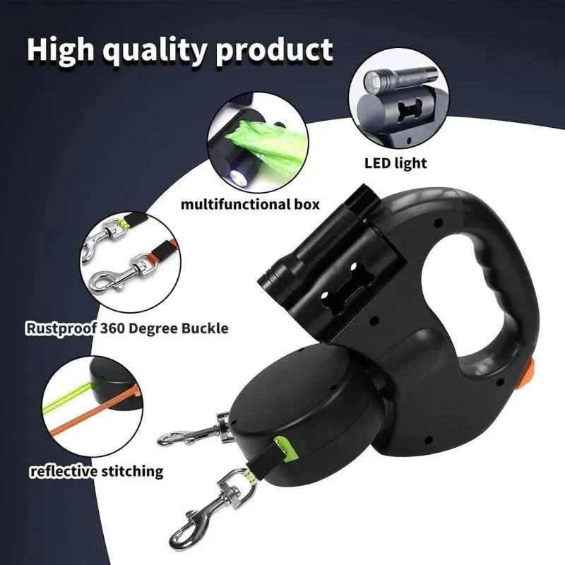 Tangle-Free Dual Dog Leash with 360° Swivel Head for Small to Medium Dogs (up to 30 lbs) - 10ft Retractable Leash with Lightweight Anti-Wear Handle and Stainless Steel Cat Ear Design Pet Bowl