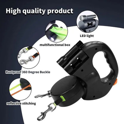 Tangle-Free Dual Dog Leash with 360° Swivel Head for Small to Medium Dogs (up to 30 lbs) - 10ft Retractable Leash with Lightweight Anti-Wear Handle and Stainless Steel Cat Ear Design Pet Bowl