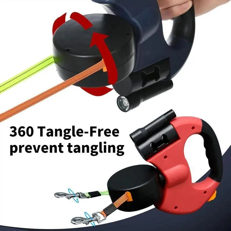 Tangle-Free Dual Dog Leash with 360° Swivel Head for Small to Medium Dogs (up to 30 lbs) - 10ft Retractable Leash with Lightweight Anti-Wear Handle and Stainless Steel Cat Ear Design Pet Bowl