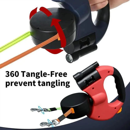 Tangle-Free Dual Dog Leash with 360° Swivel Head for Small to Medium Dogs (up to 30 lbs) - 10ft Retractable Leash with Lightweight Anti-Wear Handle and Stainless Steel Cat Ear Design Pet Bowl