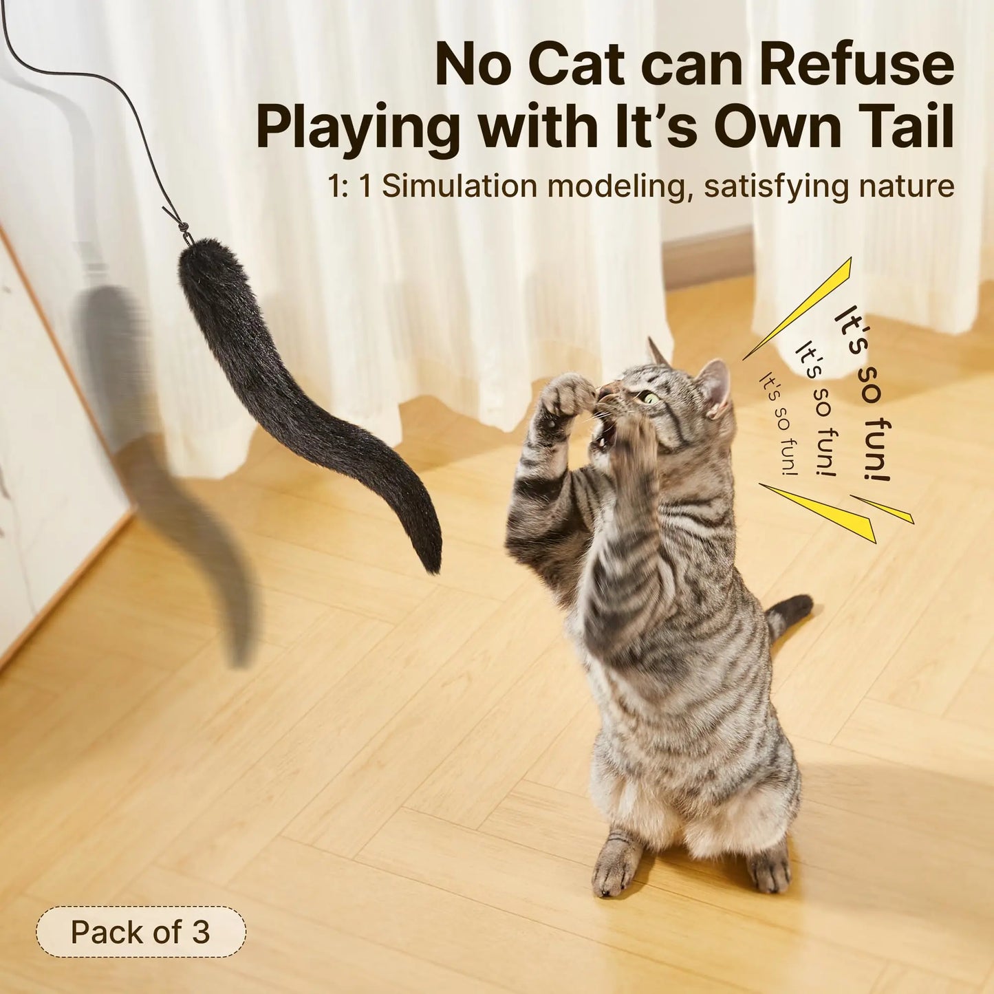Potaroma Realistic Tail Simulation Cat Toys, Set of 3, Plush Durable Design with Crinkle Sound, Interactive Indoor Kicker for Kitten Exercise, 9.8 Inches