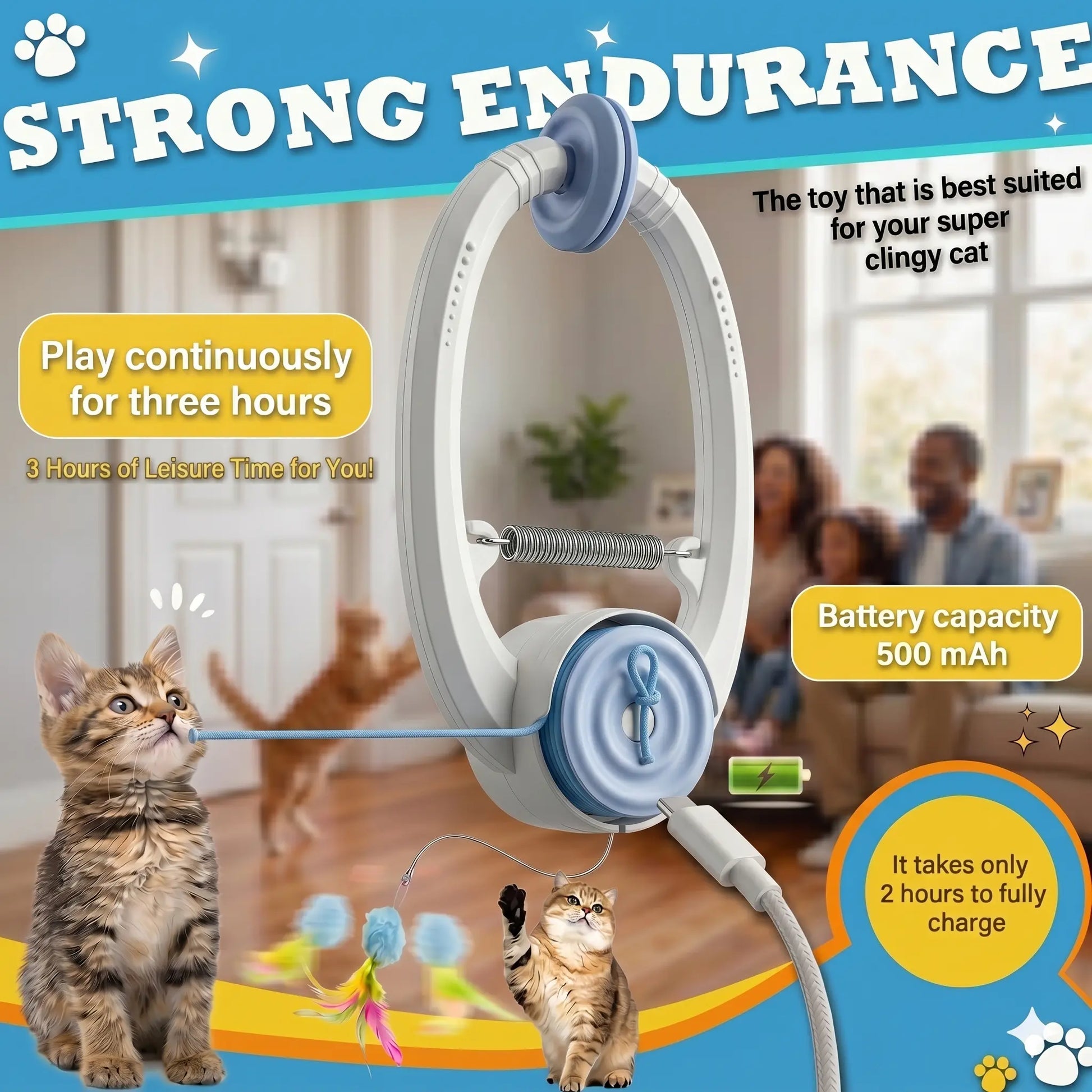 Interactive Cat Toys for Indoor Cats, Automatic Electric Flying Bird Feather Wand Toy, Best Kitten & Adult Cat Enrichment Toy Hanging Electric Kitty Toys for Bored Cats, Light Blue