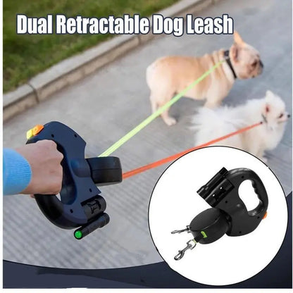 Tangle-Free Dual Dog Leash with 360° Swivel Head for Small to Medium Dogs (up to 30 lbs) - 10ft Retractable Leash with Lightweight Anti-Wear Handle and Stainless Steel Cat Ear Design Pet Bowl
