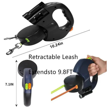 Tangle-Free Dual Dog Leash with 360° Swivel Head for Small to Medium Dogs (up to 30 lbs) - 10ft Retractable Leash with Lightweight Anti-Wear Handle and Stainless Steel Cat Ear Design Pet Bowl