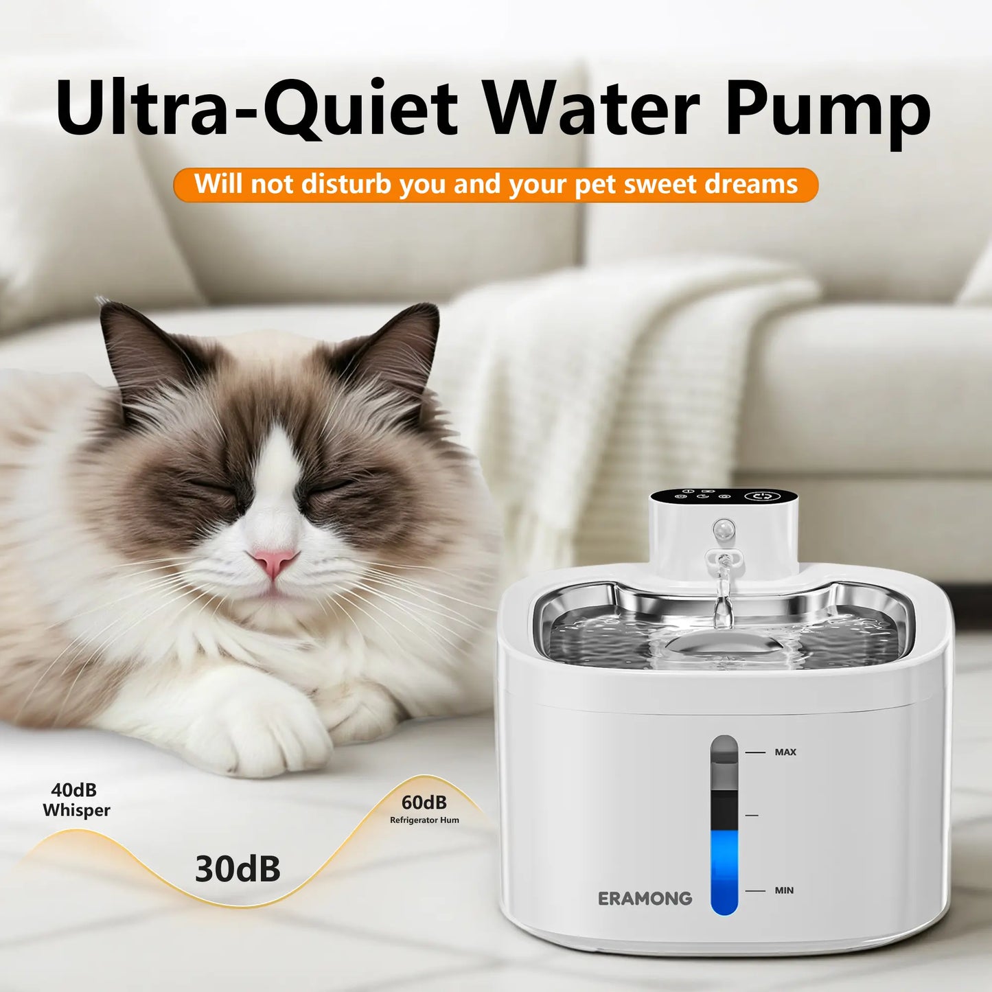 ERAMONG Smart Indoor Wireless Pet Water Fountain - 3.5L/118oz Battery-Powered with Stainless Steel Tray, Motion Sensor, and 4-Layer Filtration System for Cats and Dogs