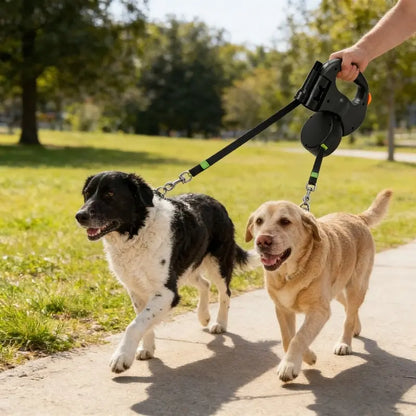 Tangle-Free Dual Dog Leash with 360° Swivel Head for Small to Medium Dogs (up to 30 lbs) - 10ft Retractable Leash with Lightweight Anti-Wear Handle and Stainless Steel Cat Ear Design Pet Bowl