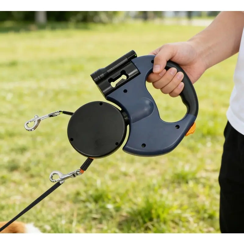 Tangle-Free Dual Dog Leash with 360° Swivel Head for Small to Medium Dogs (up to 30 lbs) - 10ft Retractable Leash with Lightweight Anti-Wear Handle and Stainless Steel Cat Ear Design Pet Bowl