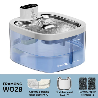 ERAMONG Smart Indoor Wireless Pet Water Fountain - 3.5L/118oz Battery-Powered with Stainless Steel Tray, Motion Sensor, and 4-Layer Filtration System for Cats and Dogs